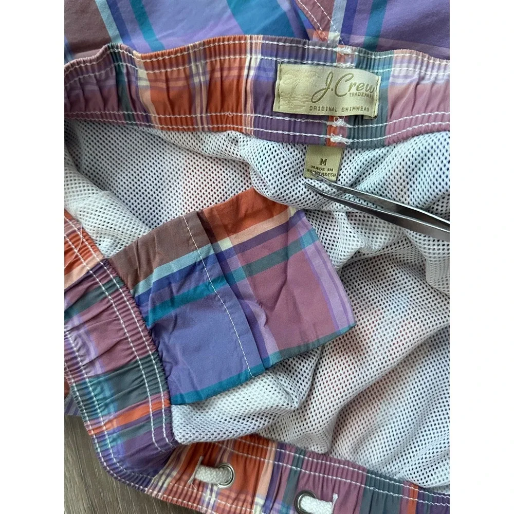 J.Crew Preppy Plaid Purple Orange Blue Board Shorts Medium Coastal Sunset Beachy